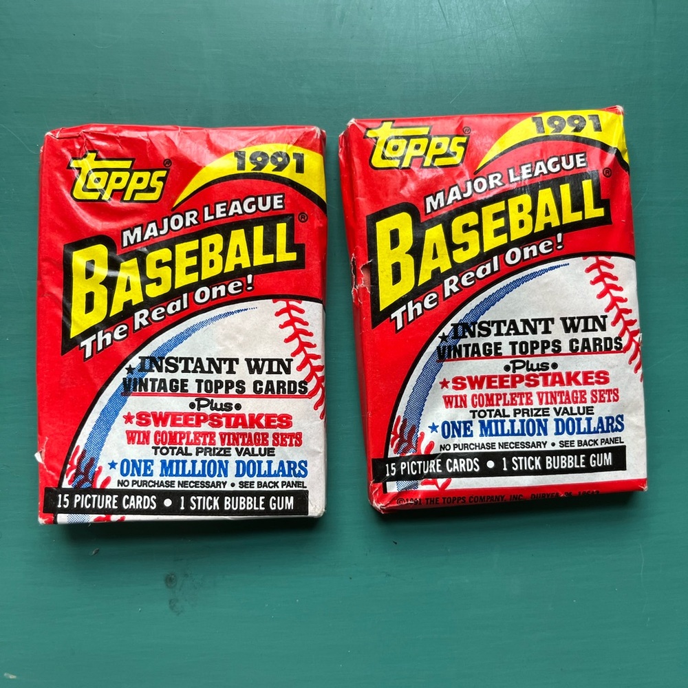 1991 Topps Baseball Cards, 2 Unopened Sealed Wax Packs, 15 Cards per pack